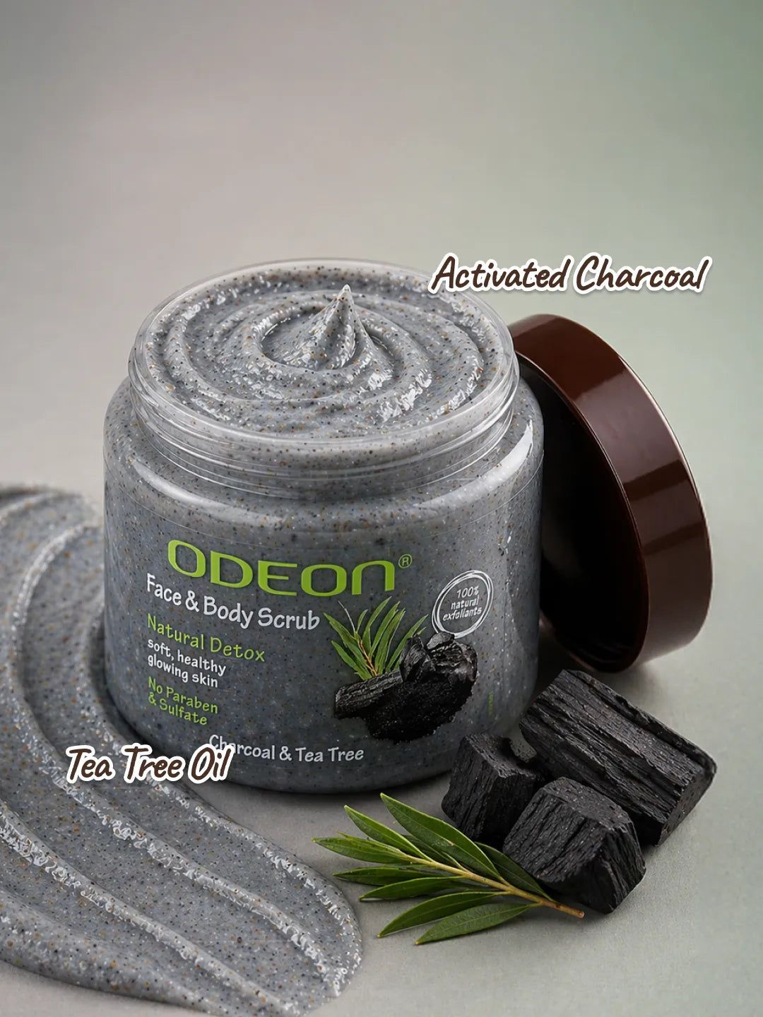 ODEON Charcoal & Tea Tree Body Scrub for Body Acne & Detox | Paraben-Free