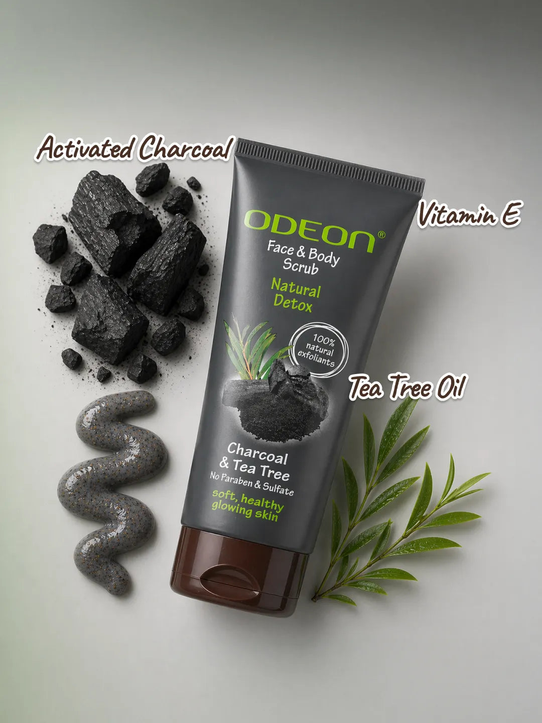 ODEON Charcoal & Tea Tree Face Scrub for Acne & Oily Skin | Deep Pore Cleansing Scrub | 100ml