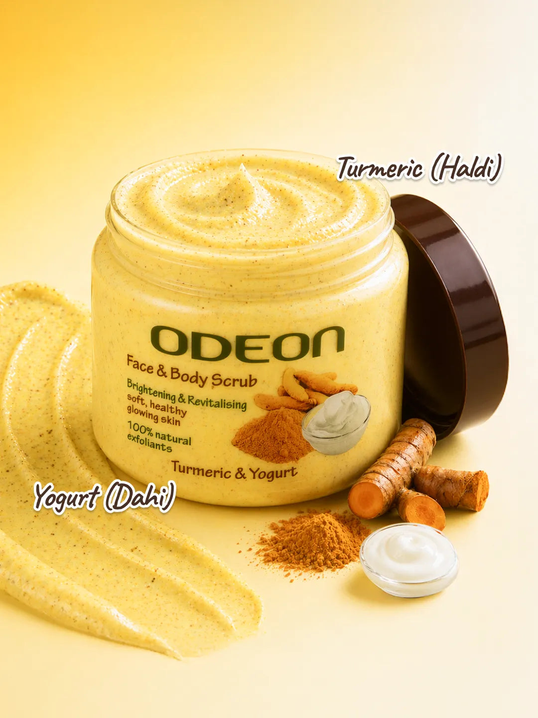 ODEON Turmeric & Yogurt Body Scrub for Body Tan Removal, Dark Spots & Brightening | 300ml