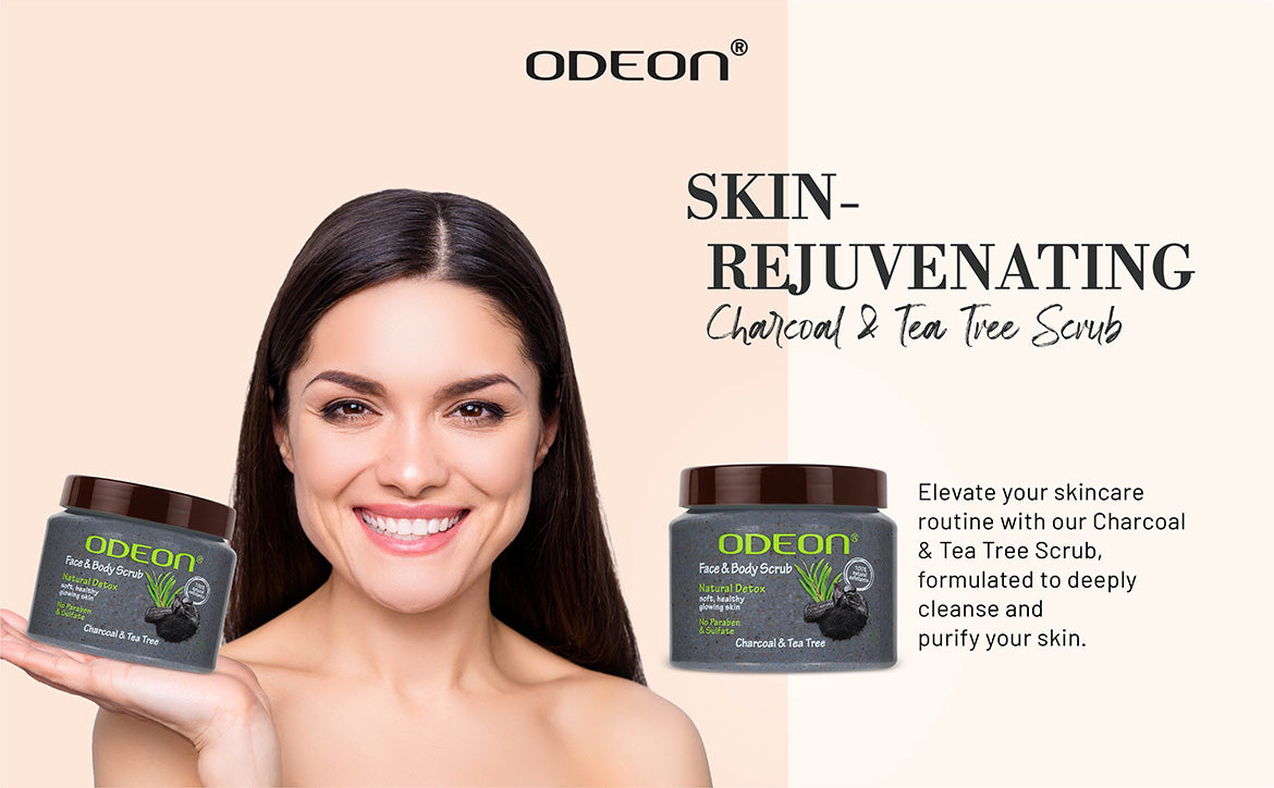 ODEON Charcoal & Tea Tree Body Scrub for Body Acne & Detox | Paraben-Free | 300ml