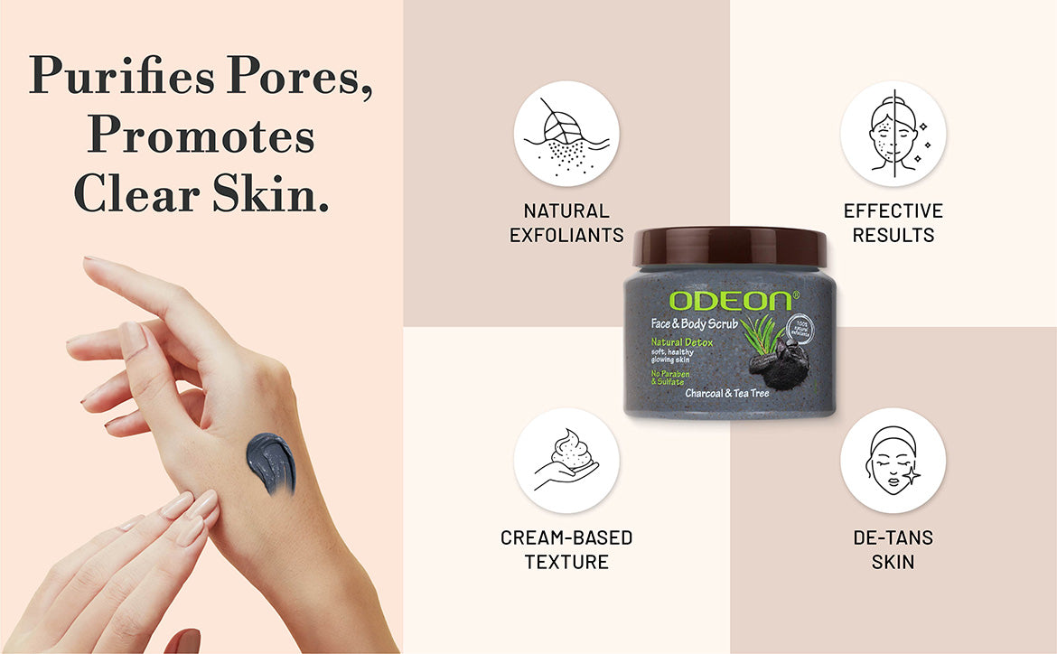 ODEON Charcoal & Tea Tree Body Scrub for Body Acne & Detox | Paraben-Free | 300ml