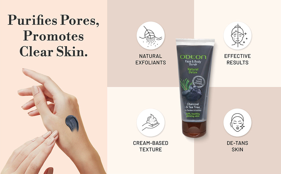 ODEON Charcoal & Tea Tree Face Scrub for Acne & Oily Skin | Deep Pore Cleansing Scrub | 100ml
