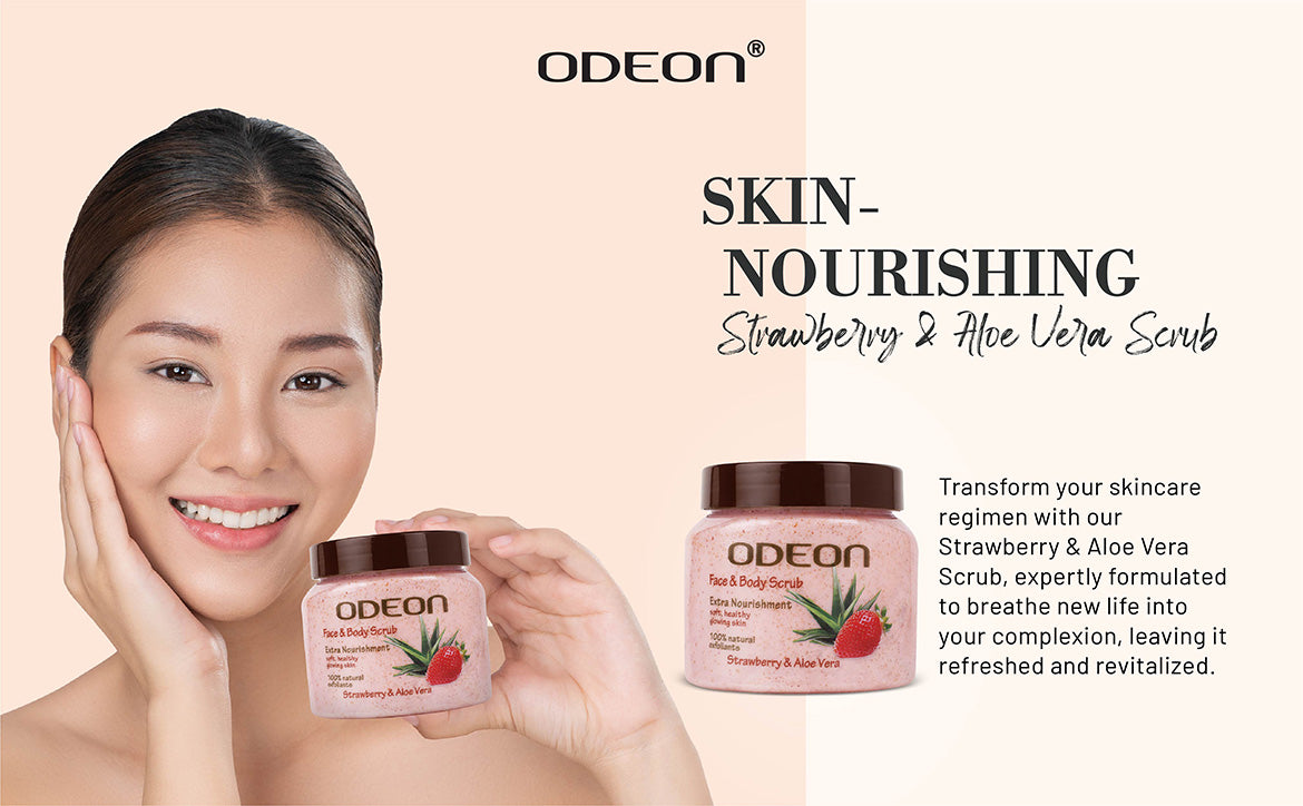 ODEON Strawberry & Aloe Vera Body Scrub – Soothing Glow Exfoliator for Sensitive Skin | 300ml