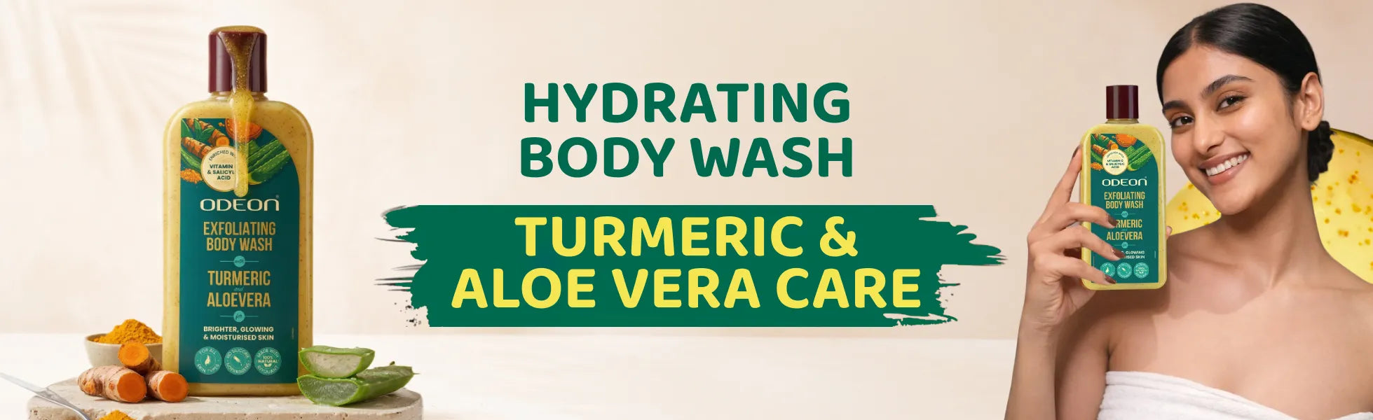 ODEON Turmeric & Aloe Vera Exfoliating Body Wash for Tan Removal & Bridal Glow | 270ml