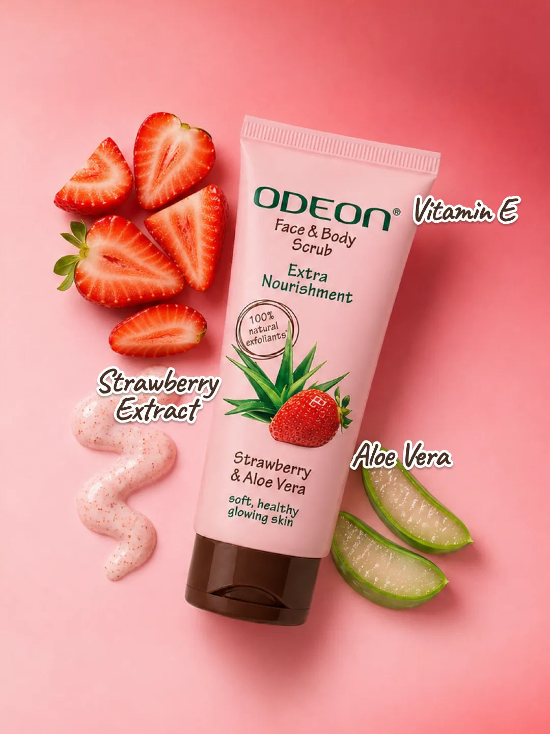 ODEON Strawberry & Aloe Vera Face Scrub | Hydrating Brightening Scrub for Sensitive Skin | 100ml