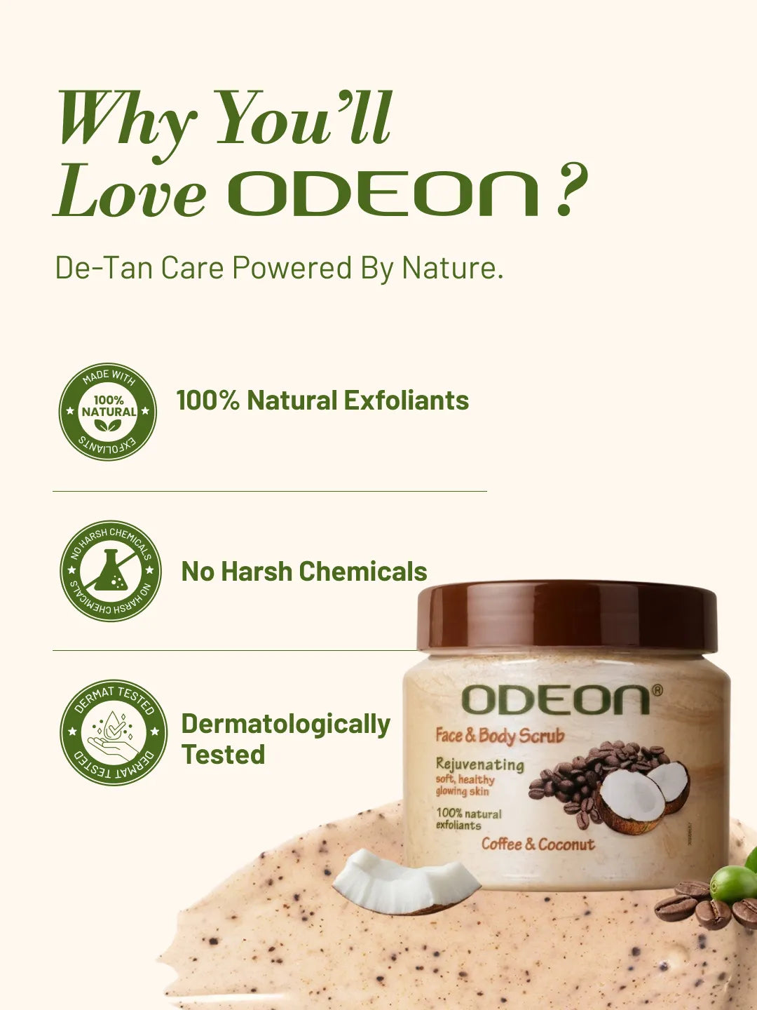 ODEON Coffee & Coconut Body Scrub for De-Tan, Smooth Skin & Natural Glow | 300ml