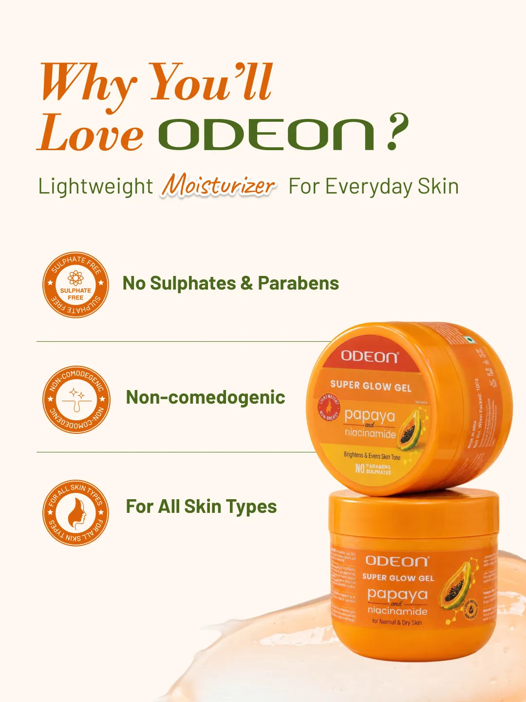 ODEON Super Glow Gel with Papaya & Niacinamide | Brightening Face Gel Moisturizer | 200ml