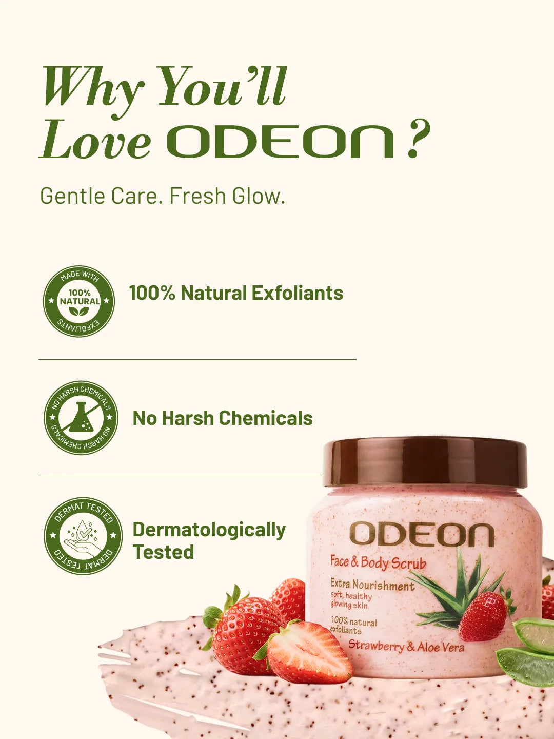 ODEON Strawberry & Aloe Vera Body Scrub – Soothing Glow Exfoliator for Sensitive Skin | 300ml
