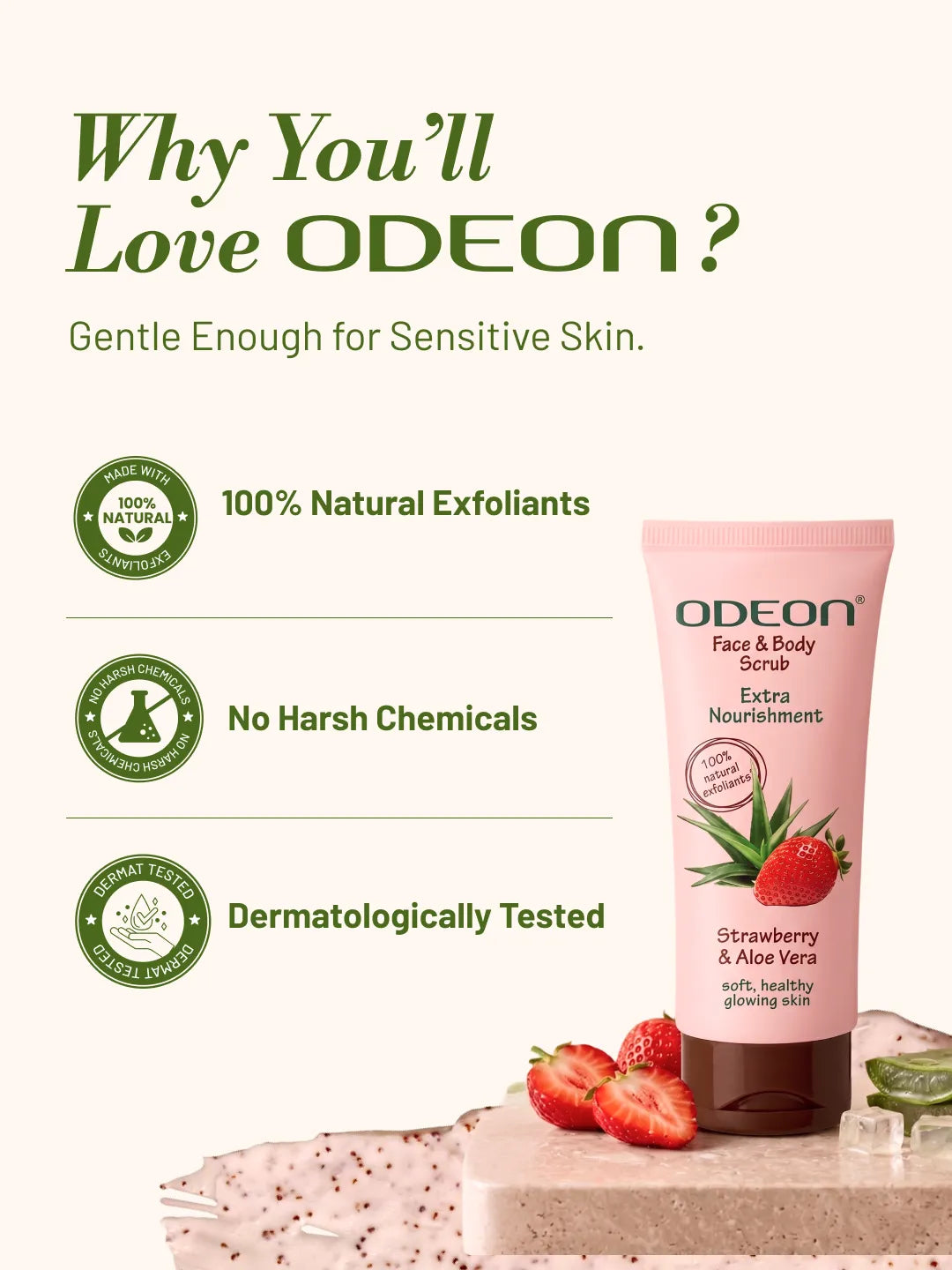 ODEON Strawberry & Aloe Vera Face Scrub | Hydrating Brightening Scrub for Sensitive Skin | 100ml
