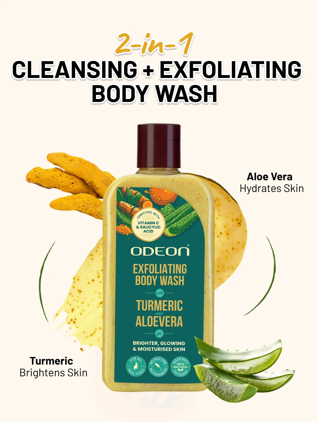 ODEON Turmeric & Aloe Vera Exfoliating Body Wash for Tan Removal & Bridal Glow | 270ml