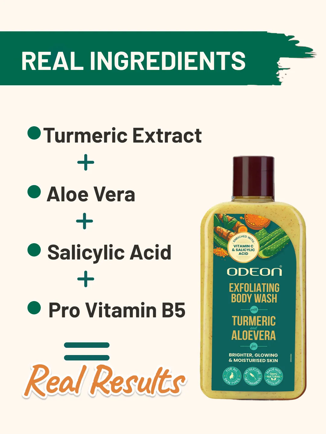 ODEON Turmeric & Aloe Vera Exfoliating Body Wash for Tan Removal & Bridal Glow | 270ml