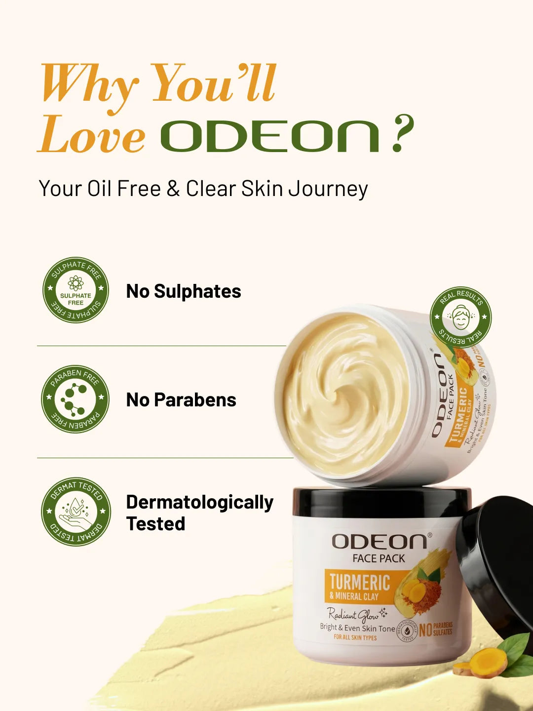 ODEON Turmeric Mineral Clay Face Pack for Oily & Acne Skin | De-Tan & Natural Glow | 400ml