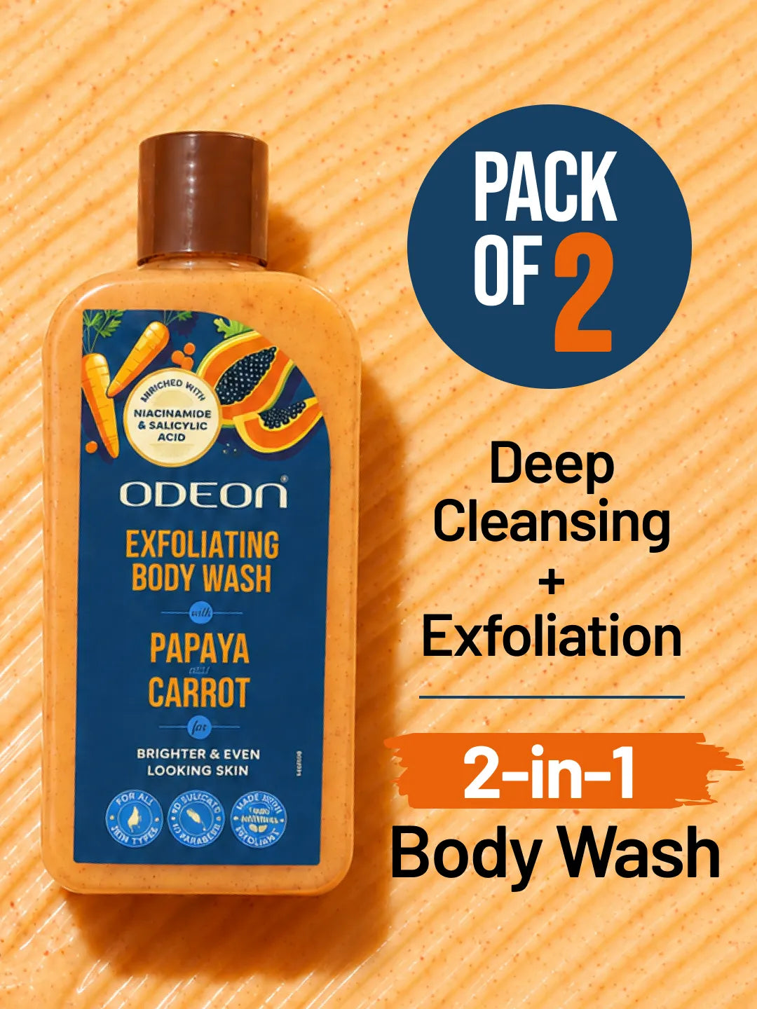 ODEON Papaya & Carrot Exfoliating Body Wash for Brightening & Even-Toned Skin | 270ml