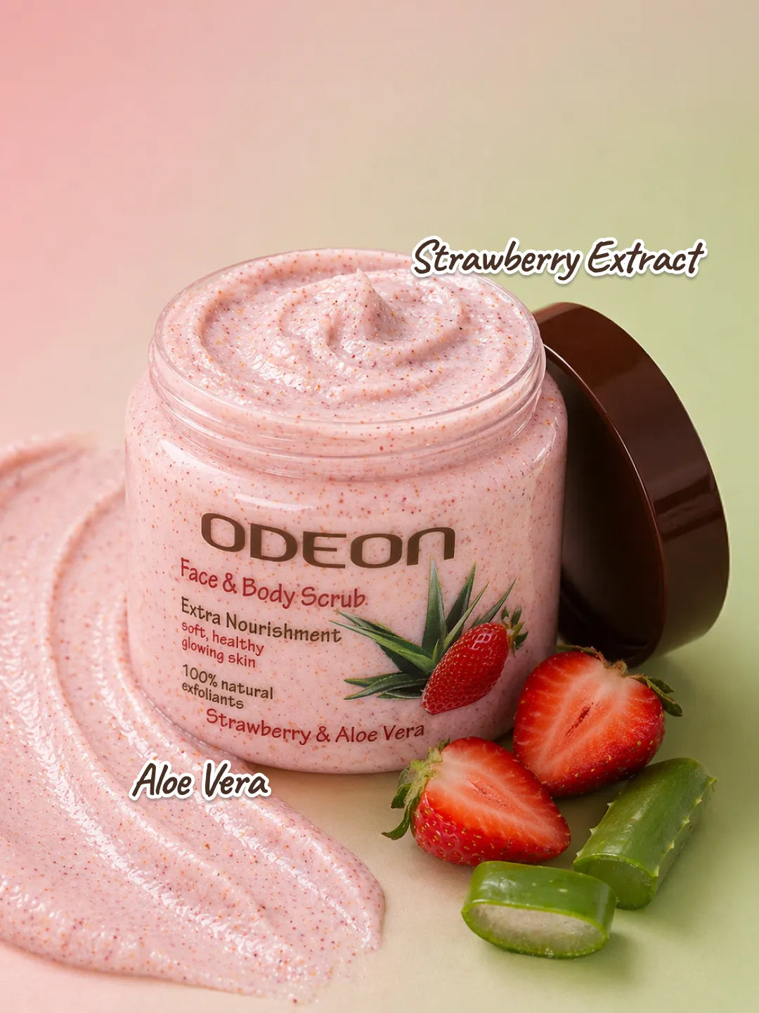 ODEON Strawberry & Aloe Vera Body Scrub – Soothing Glow Exfoliator for Sensitive Skin | 300ml