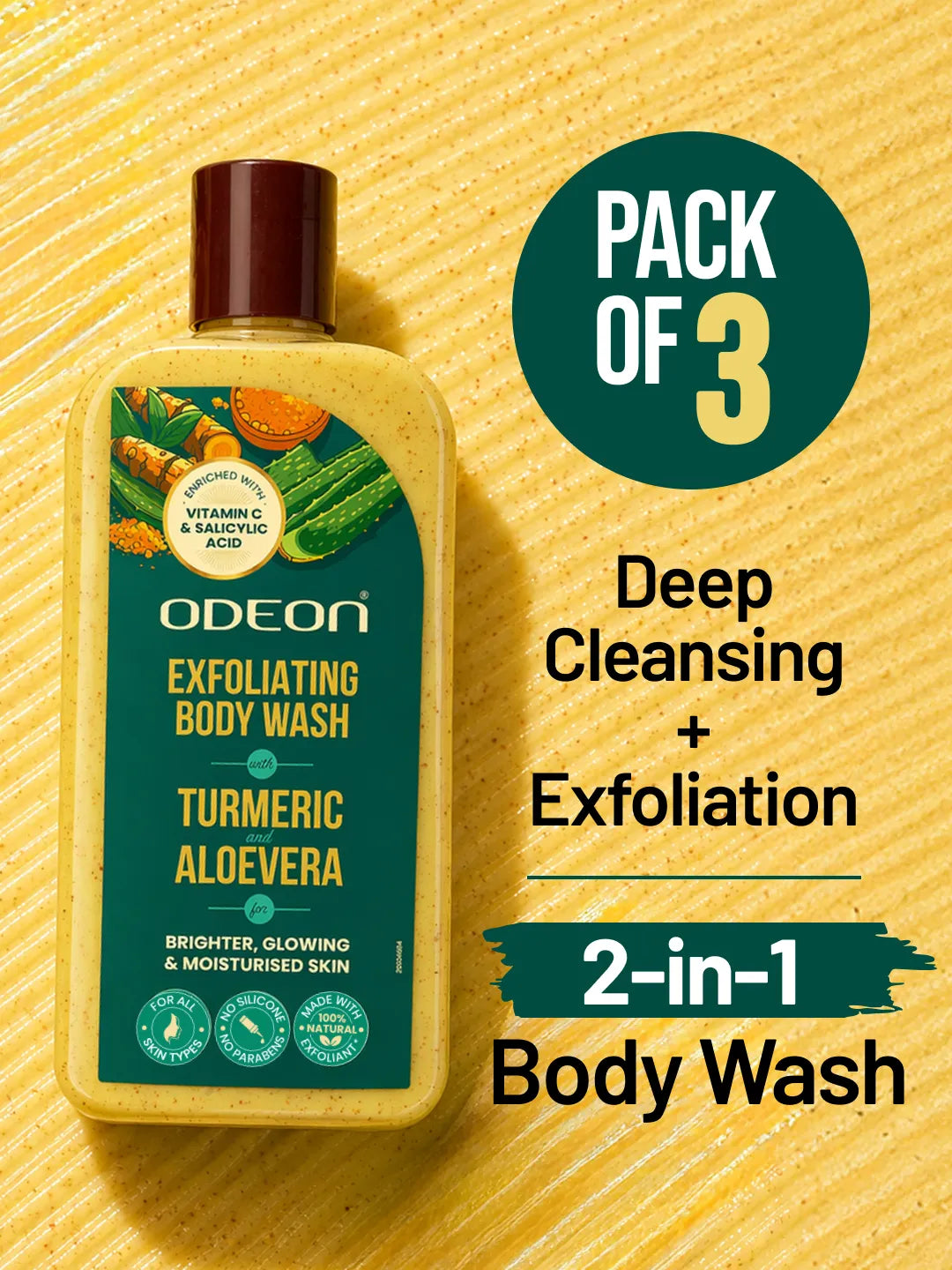 ODEON Turmeric & Aloe Vera Exfoliating Body Wash for Tan Removal & Bridal Glow | 270ml