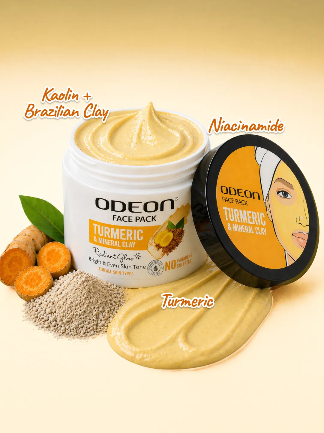 ODEON Turmeric Mineral Clay Face Pack for Oily & Acne Skin | De-Tan & Natural Glow | 400ml