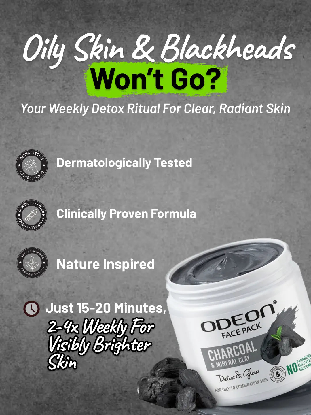 ODEON Charcoal Face Pack for Oily Skin | Oil Control & Pore Detox Clay Mask | 400ml