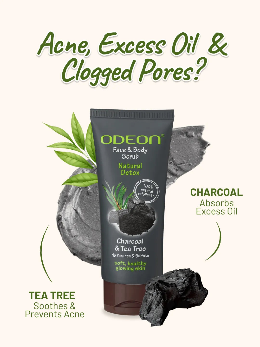 ODEON Charcoal & Tea Tree Face Scrub for Acne & Oily Skin | Deep Pore Cleansing Scrub | 100ml