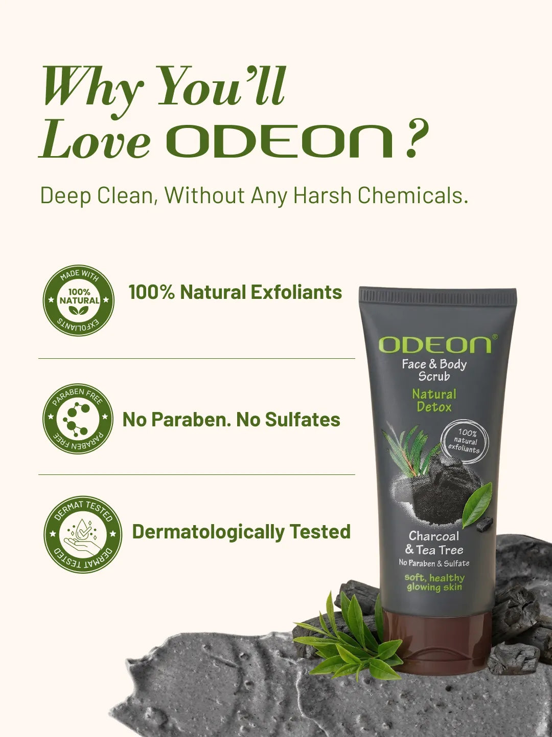 ODEON Charcoal & Tea Tree Face Scrub for Acne & Oily Skin | Deep Pore Cleansing Scrub | 100ml