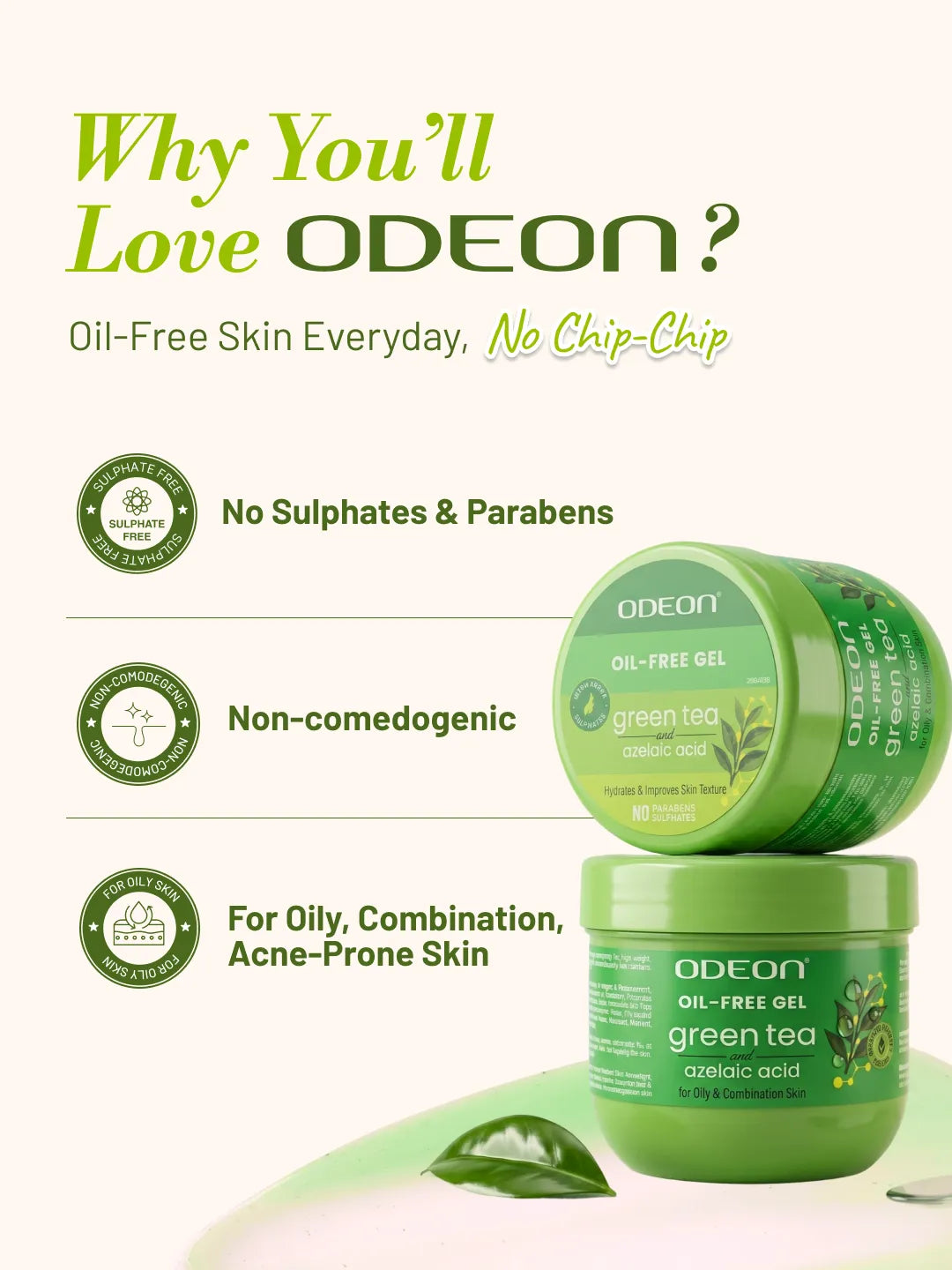 ODEON Oil Free Gel with Green Tea & Azelaic Acid | Oil Control Hydrating Gel Moisturizer | 200ml