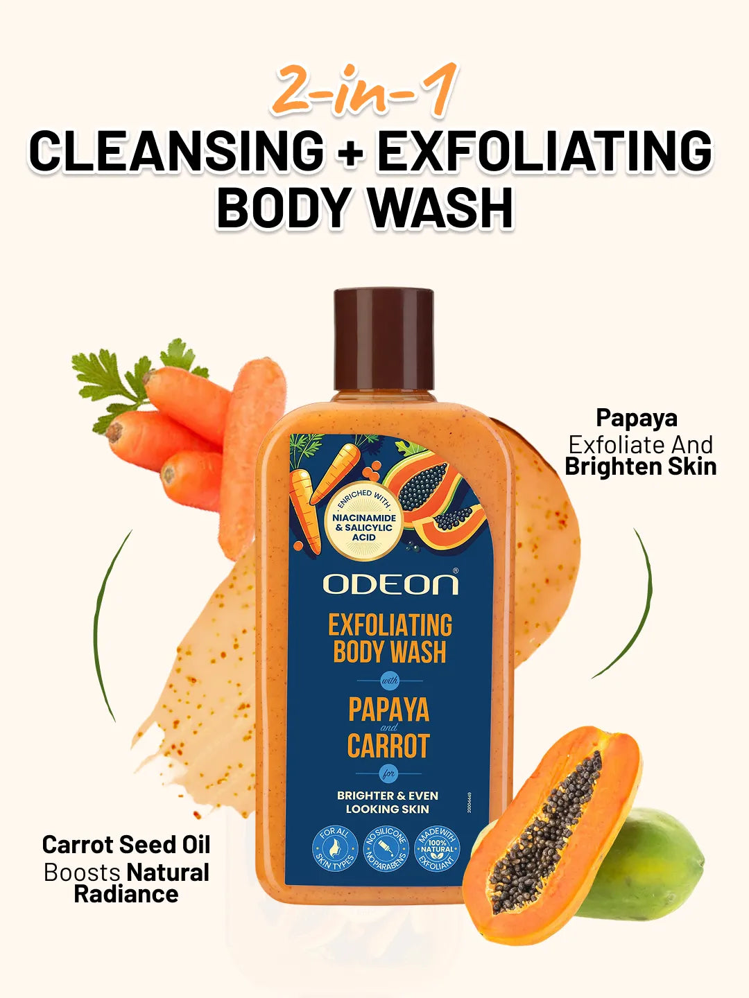ODEON Papaya & Carrot Exfoliating Body Wash for Brightening & Even-Toned Skin | 270ml