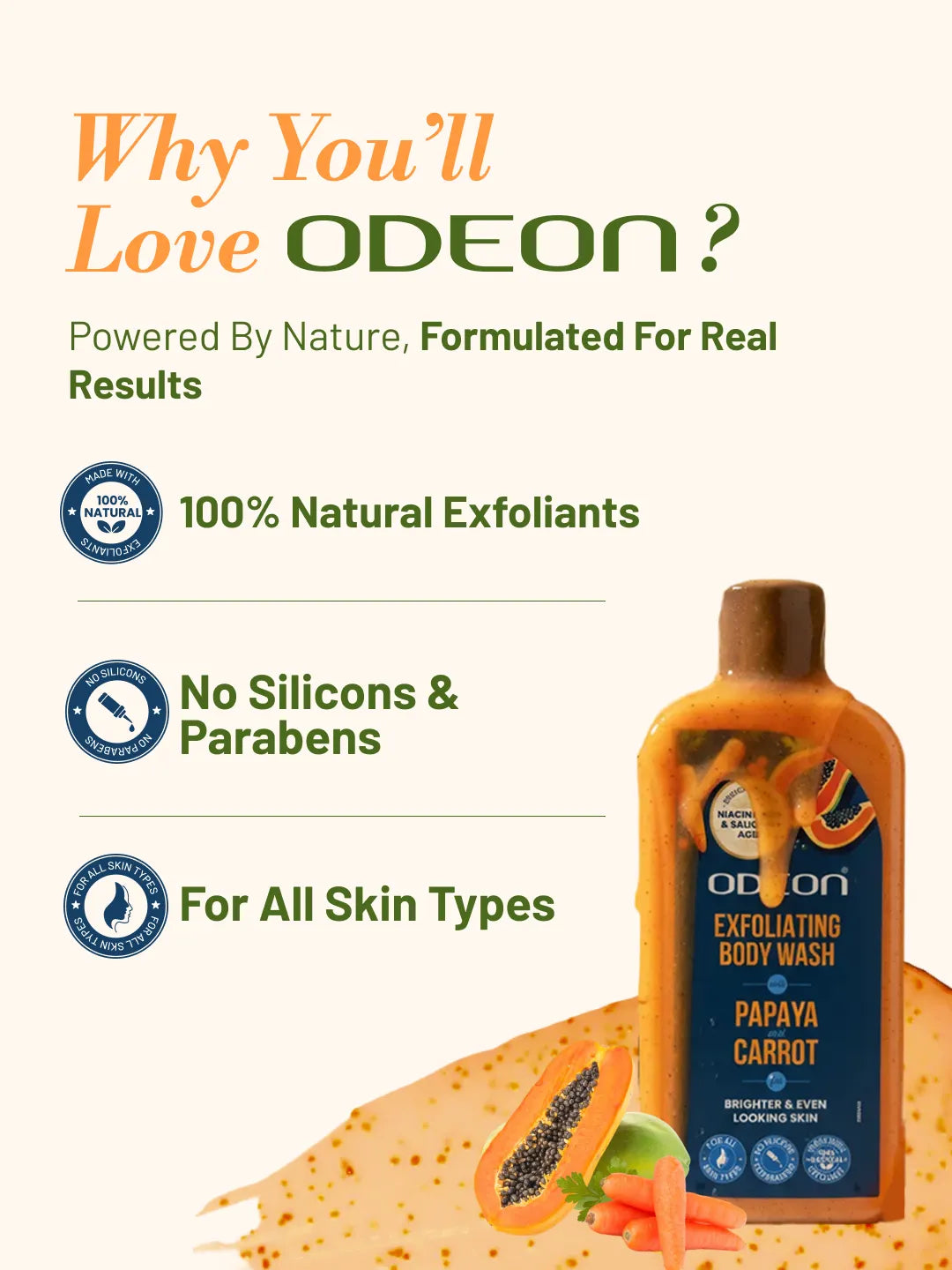 ODEON Papaya & Carrot Exfoliating Body Wash for Brightening & Even-Toned Skin | 270ml