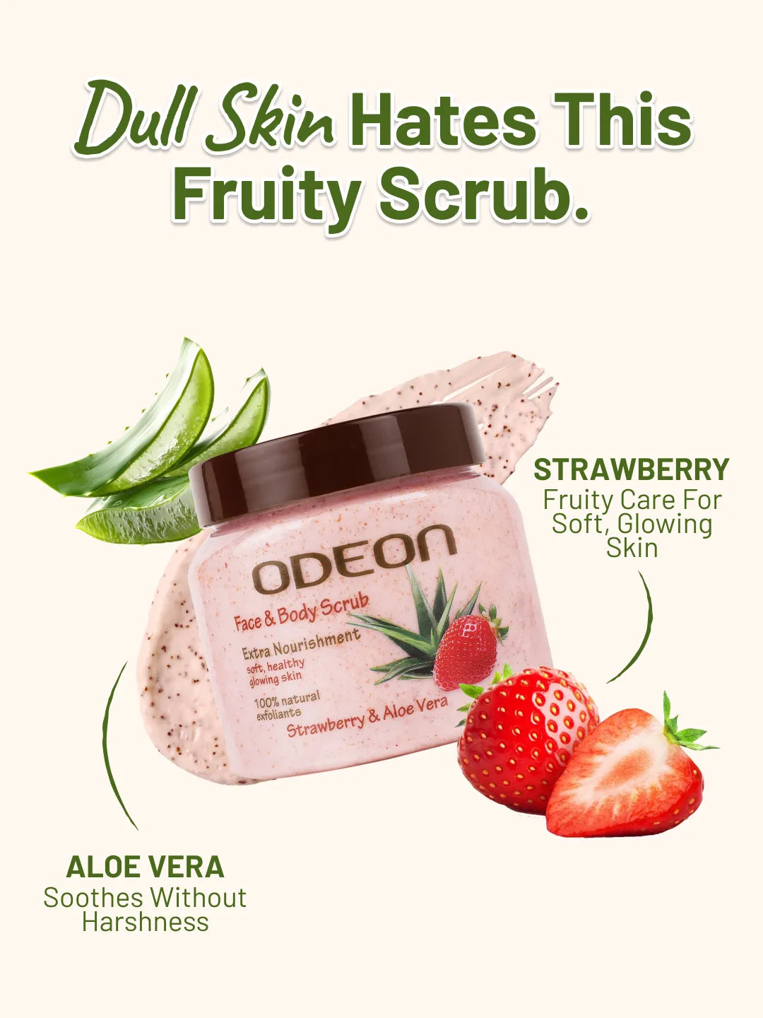 ODEON Strawberry & Aloe Vera Body Scrub – Soothing Glow Exfoliator for Sensitive Skin | 300ml