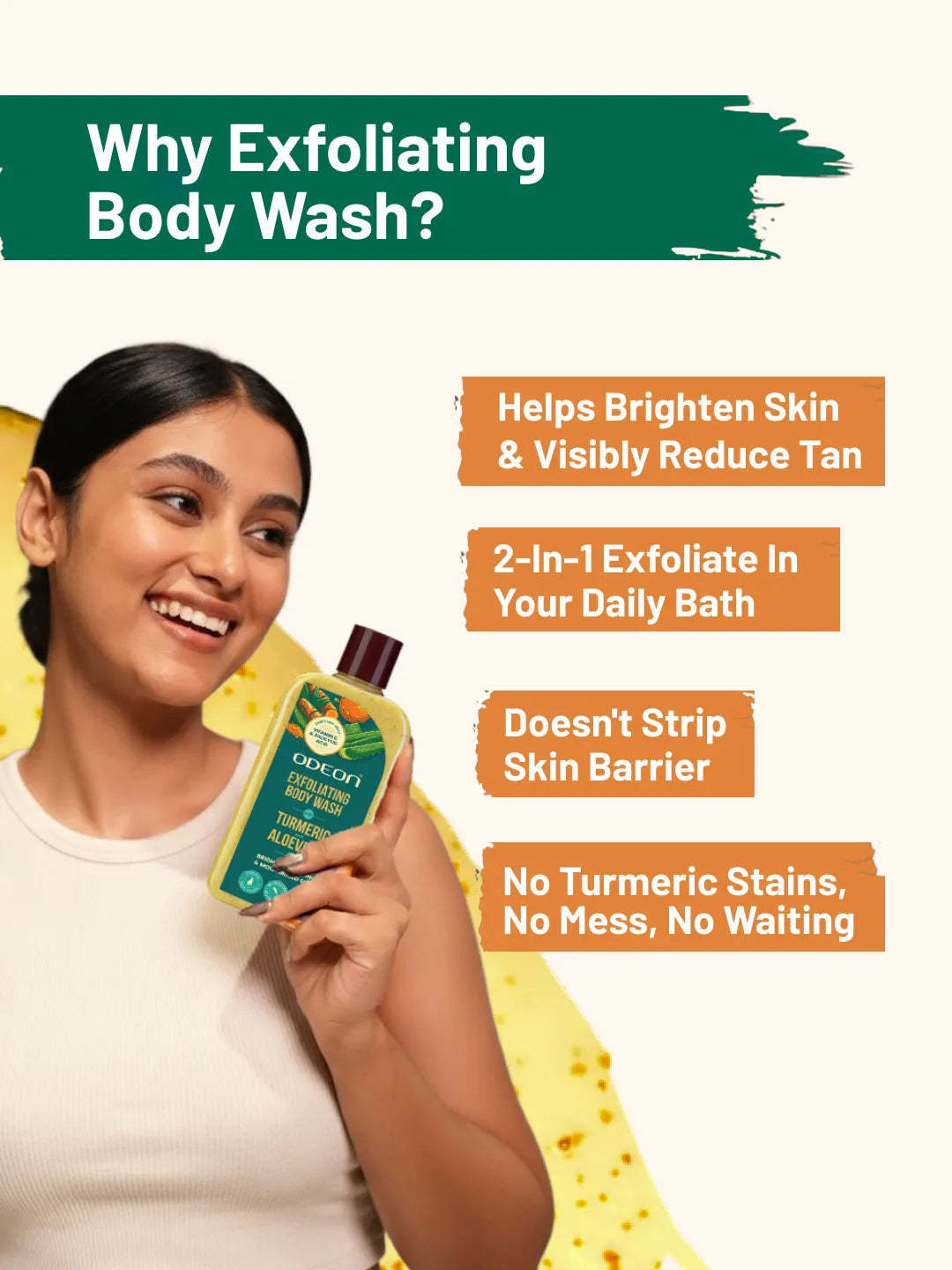 ODEON Turmeric & Aloe Vera Exfoliating Body Wash for Tan Removal & Bridal Glow | 270ml