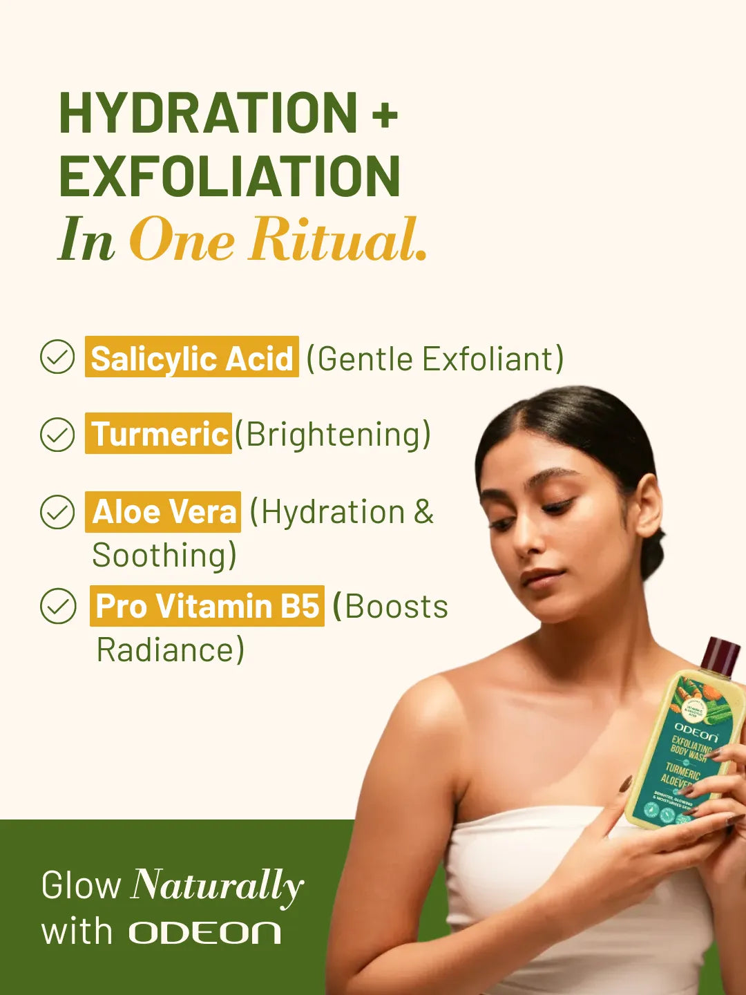 ODEON Turmeric & Aloe Vera Exfoliating Body Wash for Tan Removal & Bridal Glow | 270ml