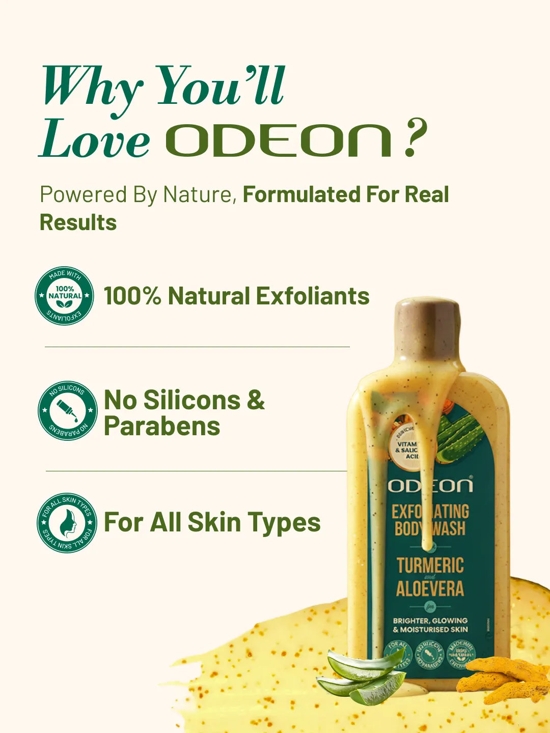 ODEON Turmeric & Aloe Vera Exfoliating Body Wash for Tan Removal & Bridal Glow | 270ml