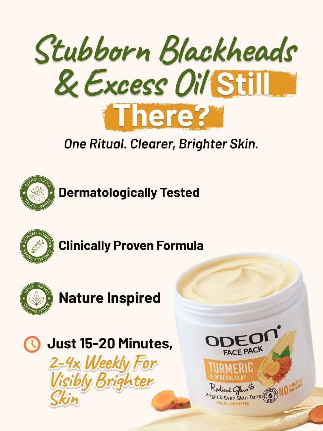 ODEON Turmeric Mineral Clay Face Pack for Oily & Acne Skin | De-Tan & Natural Glow | 400ml