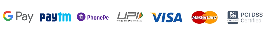 Safe and verified payments: Google Pay, Paytm, PhonePe, UPI, Visa, Mastercard, and PCI DSS certified