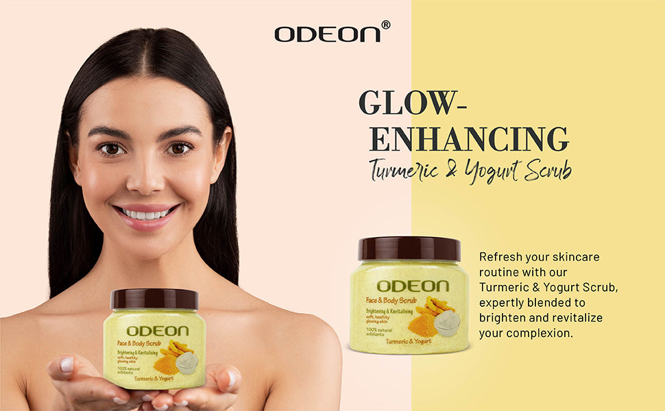 ODEON Turmeric & Yogurt Body Scrub for Body Tan Removal, Dark Spots & Brightening | 300ml