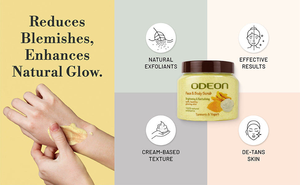 ODEON Turmeric & Yogurt Body Scrub for Body Tan Removal, Dark Spots & Brightening | 300ml